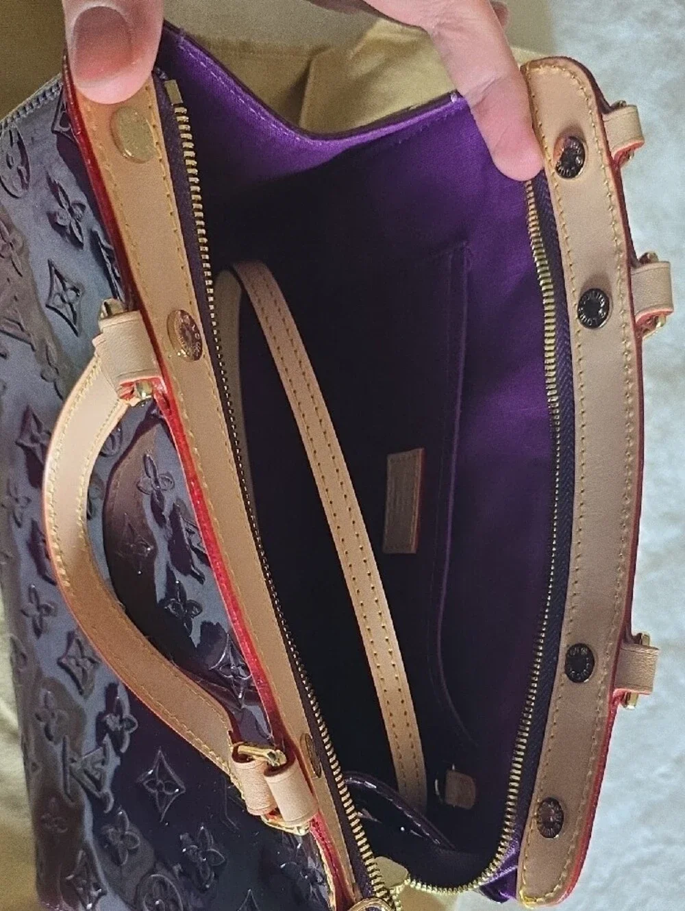 FAUX Louis Vuitton Plum Vernis Leather Satchel with Natural Trim NEVER USED